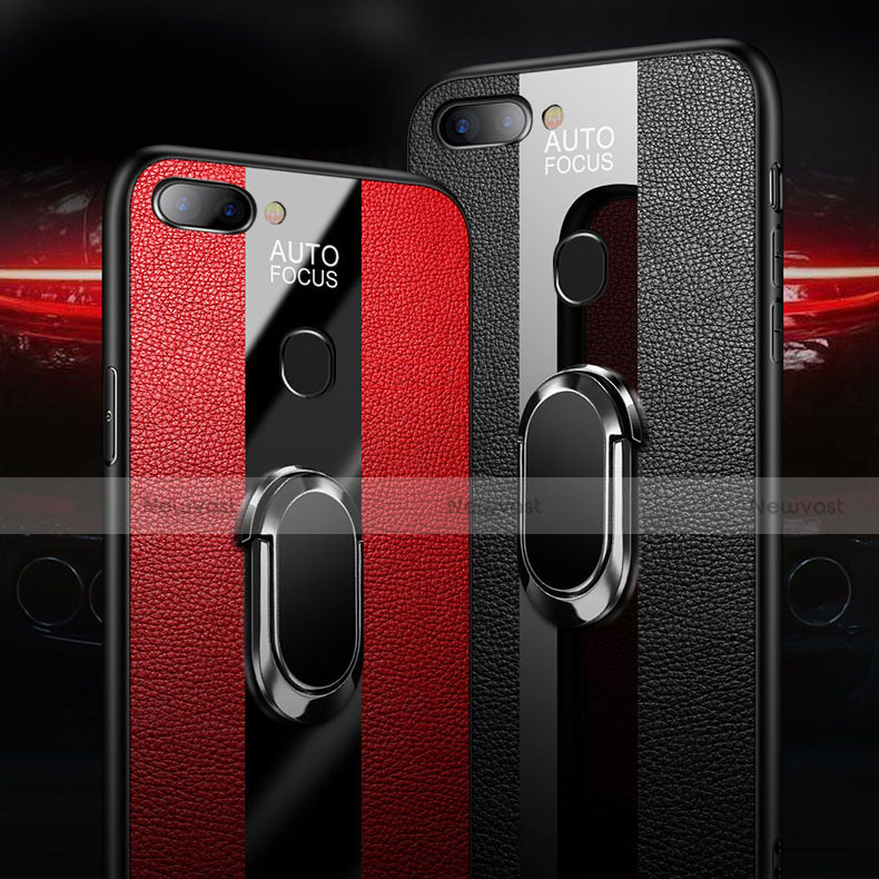 Soft Silicone Gel Leather Snap On Case Cover with Magnetic Finger Ring Stand T02 for Oppo R17 Neo