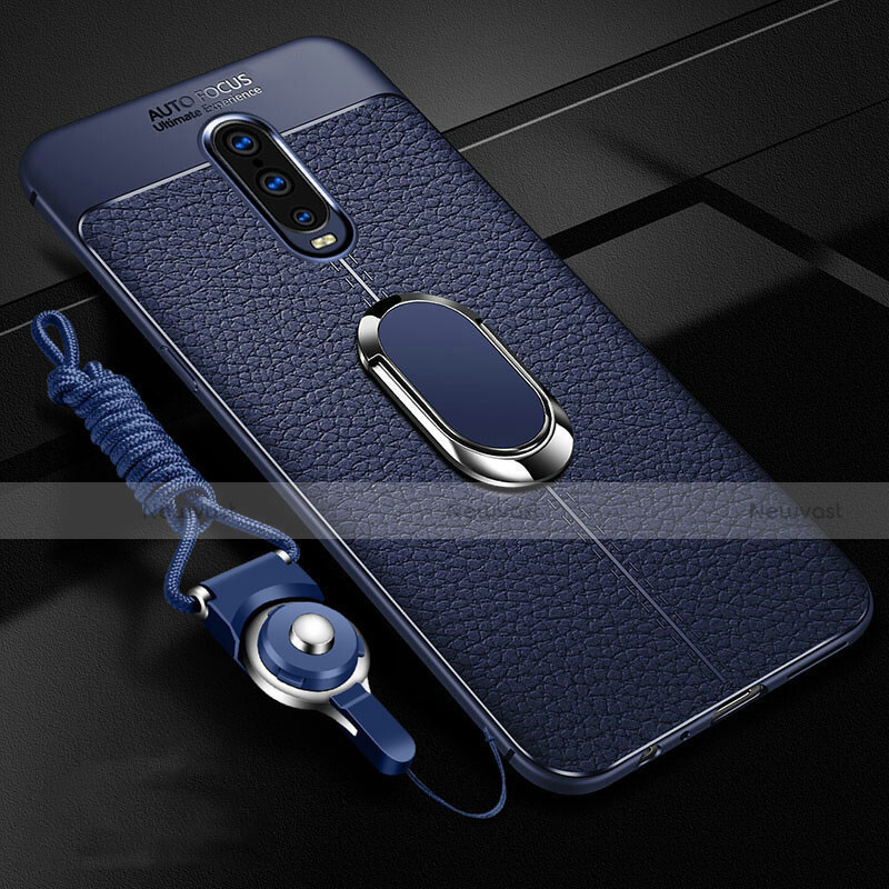 Soft Silicone Gel Leather Snap On Case Cover with Magnetic Finger Ring Stand T02 for Oppo R17 Pro Blue