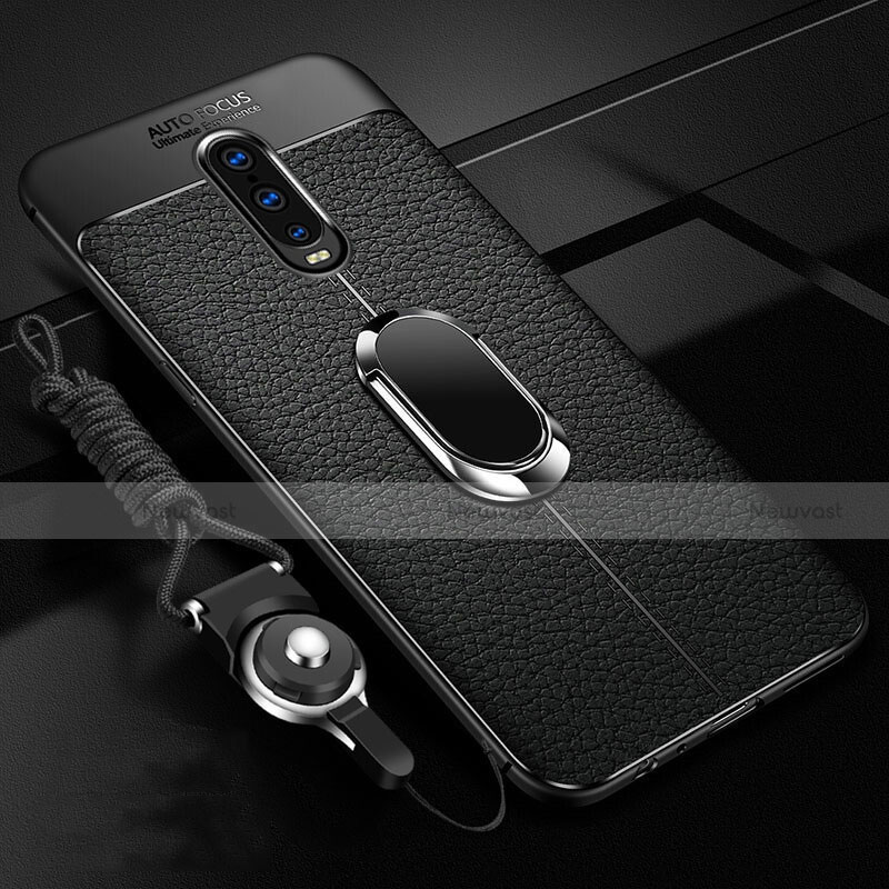 Soft Silicone Gel Leather Snap On Case Cover with Magnetic Finger Ring Stand T02 for Oppo RX17 Pro Black