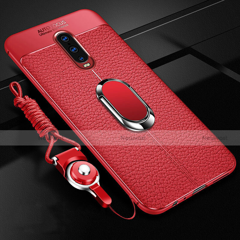 Soft Silicone Gel Leather Snap On Case Cover with Magnetic Finger Ring Stand T02 for Oppo RX17 Pro Red