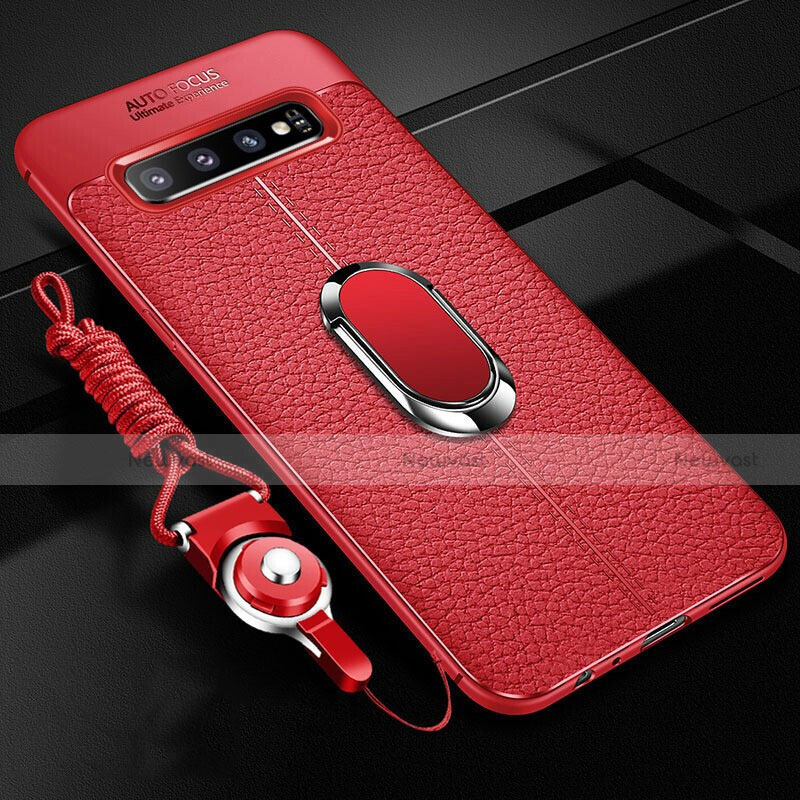 Soft Silicone Gel Leather Snap On Case Cover with Magnetic Finger Ring Stand T02 for Samsung Galaxy S10 5G Red