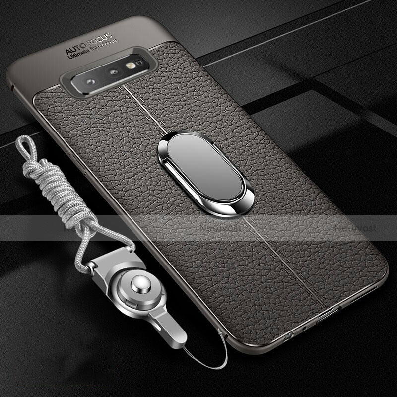 Soft Silicone Gel Leather Snap On Case Cover with Magnetic Finger Ring Stand T02 for Samsung Galaxy S10 Plus Gray