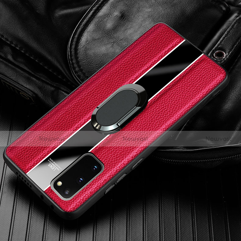 Soft Silicone Gel Leather Snap On Case Cover with Magnetic Finger Ring Stand T02 for Samsung Galaxy S20 Red