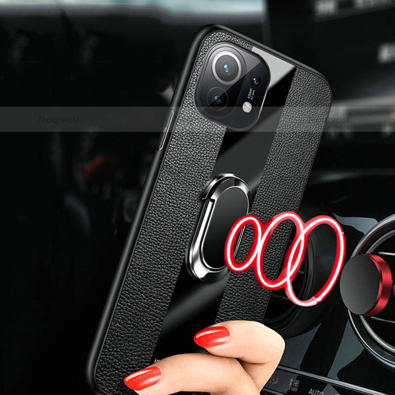 Soft Silicone Gel Leather Snap On Case Cover with Magnetic Finger Ring Stand T02 for Xiaomi Mi 11 5G