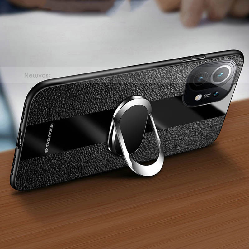 Soft Silicone Gel Leather Snap On Case Cover with Magnetic Finger Ring Stand T02 for Xiaomi Mi 11 5G