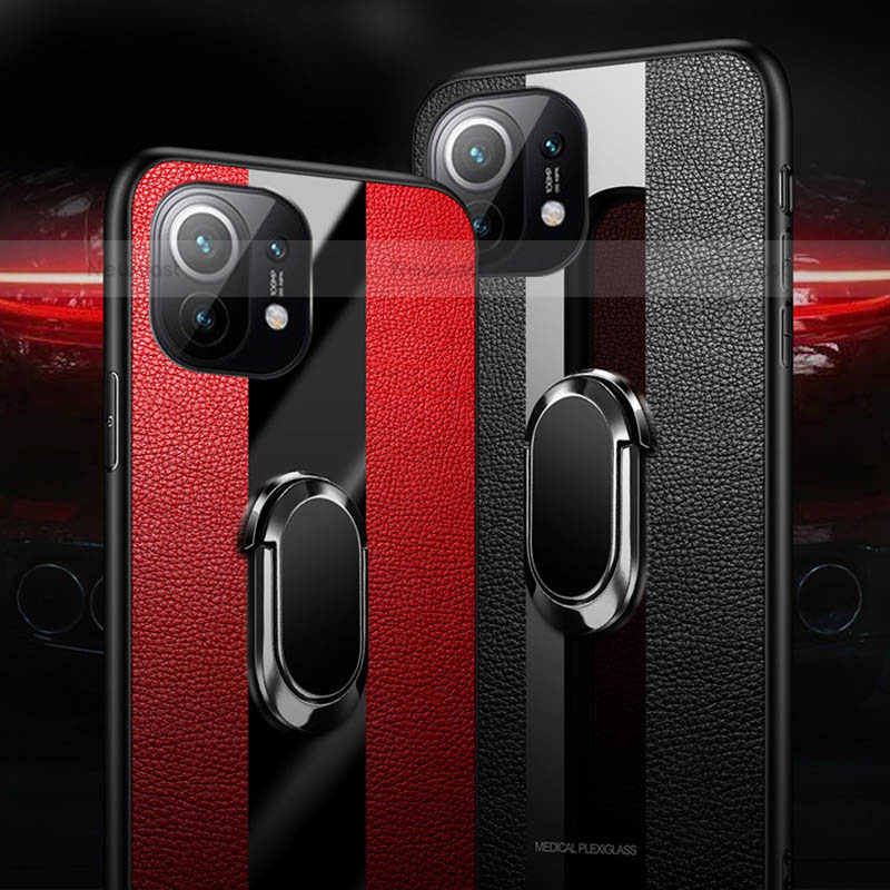 Soft Silicone Gel Leather Snap On Case Cover with Magnetic Finger Ring Stand T02 for Xiaomi Mi 11 Lite 4G