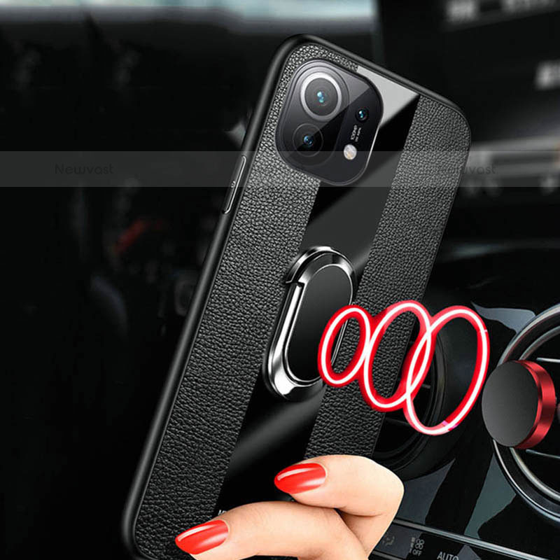 Soft Silicone Gel Leather Snap On Case Cover with Magnetic Finger Ring Stand T02 for Xiaomi Mi 11 Lite 4G