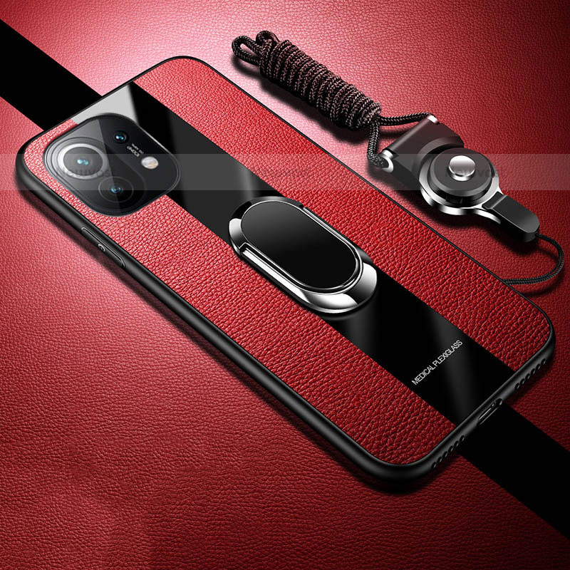 Soft Silicone Gel Leather Snap On Case Cover with Magnetic Finger Ring Stand T02 for Xiaomi Mi 11 Lite 4G Red