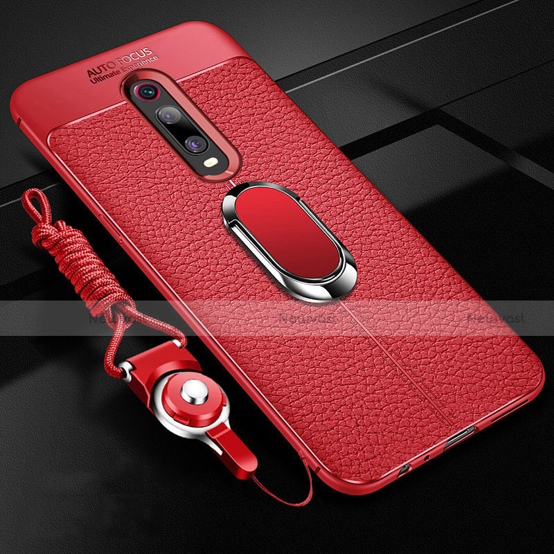 Soft Silicone Gel Leather Snap On Case Cover with Magnetic Finger Ring Stand T02 for Xiaomi Mi 9T Red