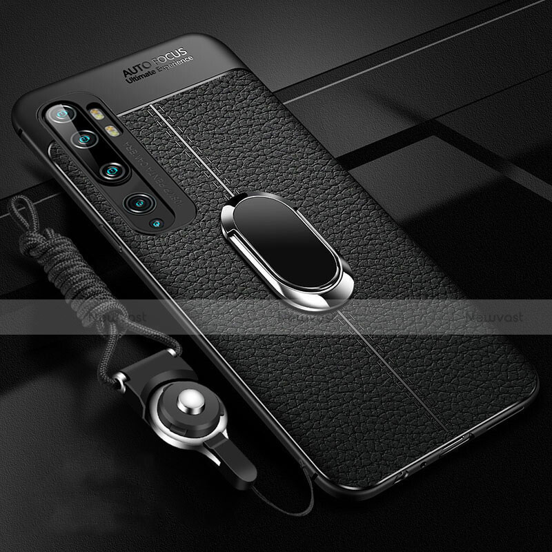 Soft Silicone Gel Leather Snap On Case Cover with Magnetic Finger Ring Stand T02 for Xiaomi Mi Note 10 Black