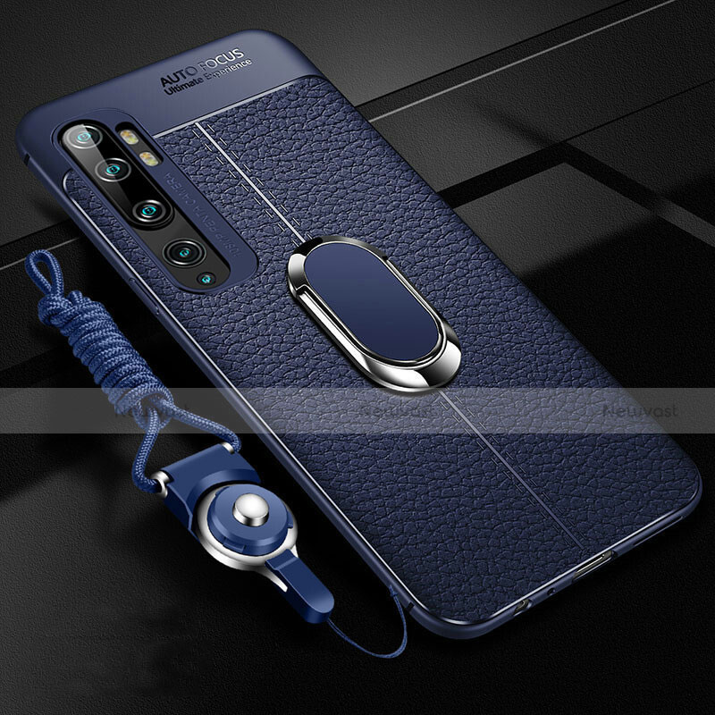 Soft Silicone Gel Leather Snap On Case Cover with Magnetic Finger Ring Stand T02 for Xiaomi Mi Note 10 Blue