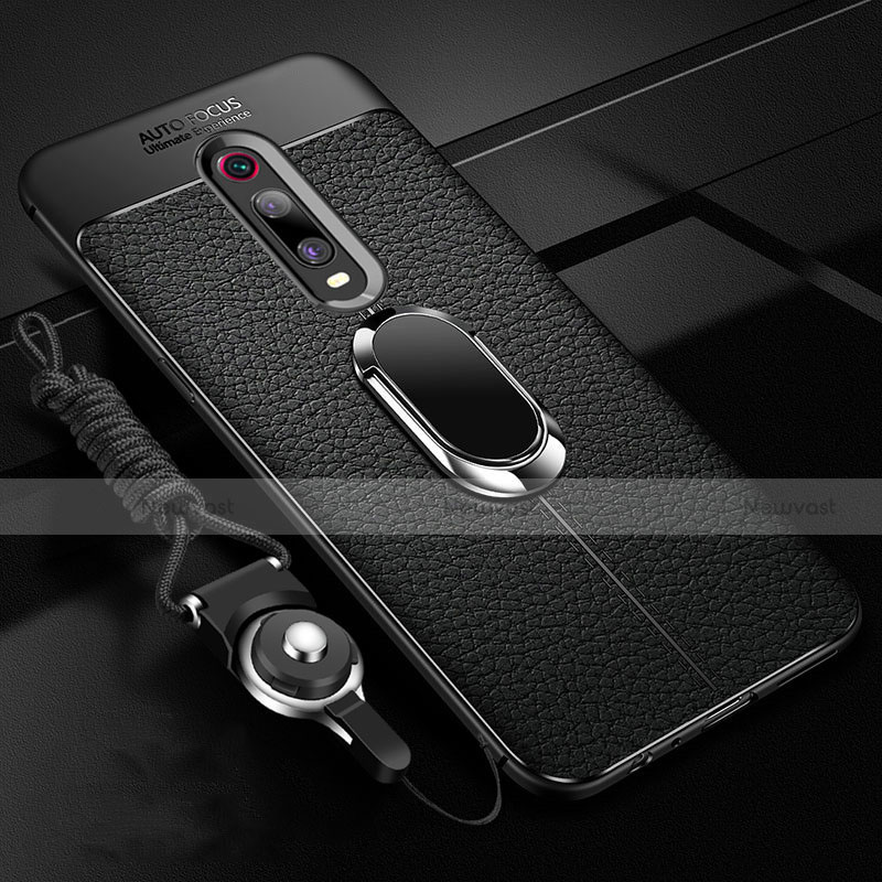 Soft Silicone Gel Leather Snap On Case Cover with Magnetic Finger Ring Stand T02 for Xiaomi Redmi K20 Black