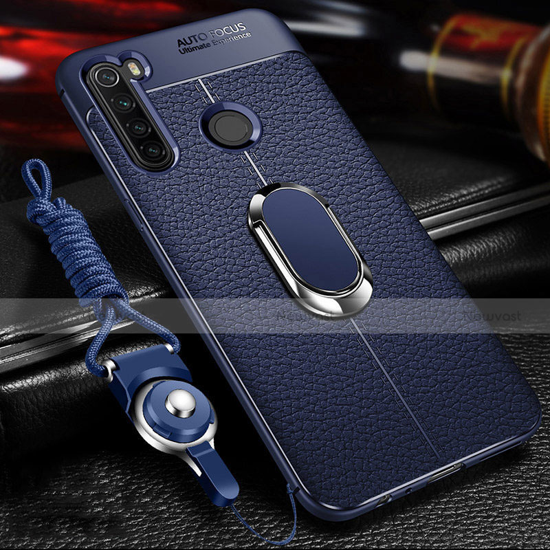 Soft Silicone Gel Leather Snap On Case Cover with Magnetic Finger Ring Stand T02 for Xiaomi Redmi Note 8 (2021) Blue