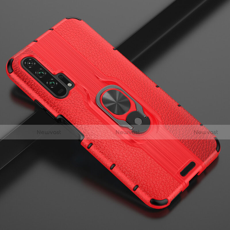 Soft Silicone Gel Leather Snap On Case Cover with Magnetic Finger Ring Stand T03 for Huawei Honor 20 Pro Red