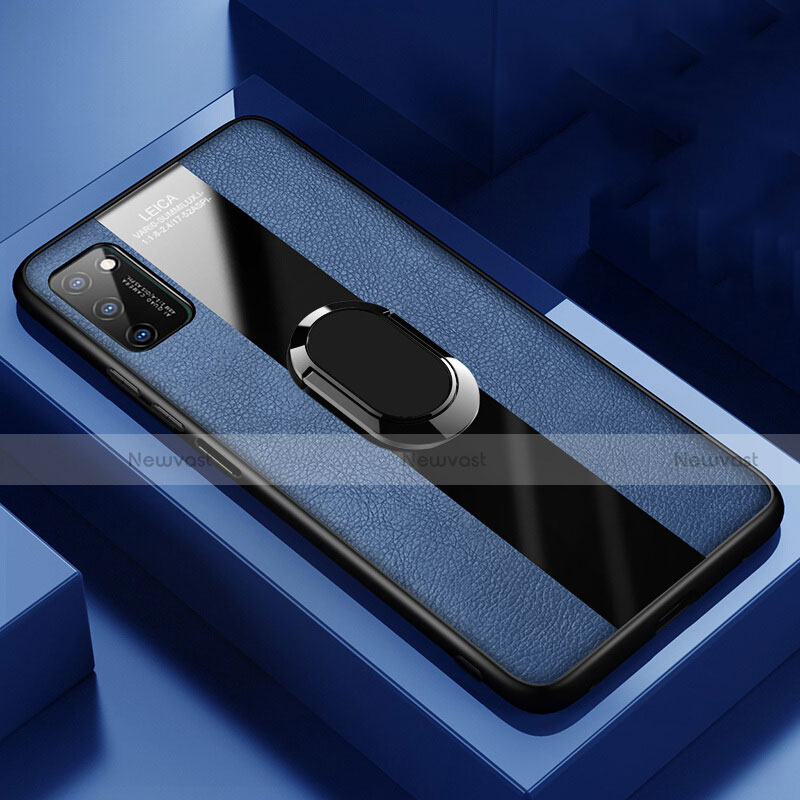 Soft Silicone Gel Leather Snap On Case Cover with Magnetic Finger Ring Stand T03 for Huawei Honor View 30 Pro 5G Blue