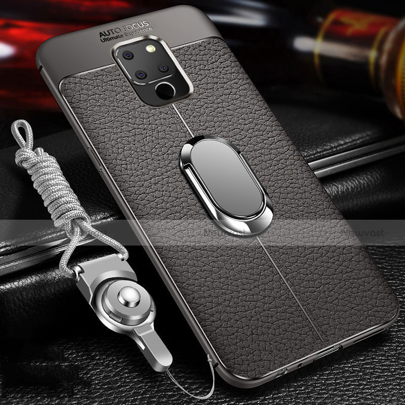 Soft Silicone Gel Leather Snap On Case Cover with Magnetic Finger Ring Stand T03 for Huawei Mate 20 X 5G Gray