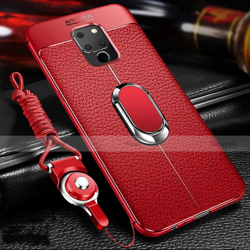 Soft Silicone Gel Leather Snap On Case Cover with Magnetic Finger Ring Stand T03 for Huawei Mate 20 X 5G Red