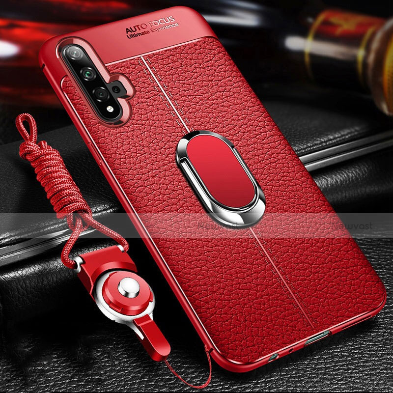 Soft Silicone Gel Leather Snap On Case Cover with Magnetic Finger Ring Stand T03 for Huawei Nova 5 Pro Red