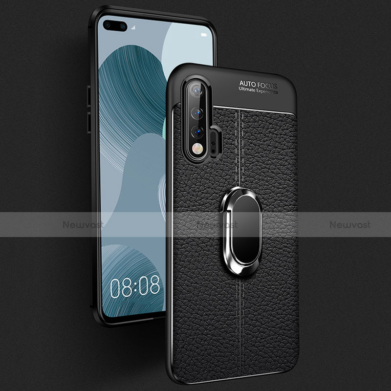 Soft Silicone Gel Leather Snap On Case Cover with Magnetic Finger Ring Stand T03 for Huawei Nova 6 5G