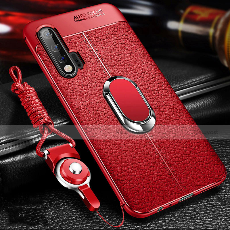 Soft Silicone Gel Leather Snap On Case Cover with Magnetic Finger Ring Stand T03 for Huawei Nova 6 5G Red
