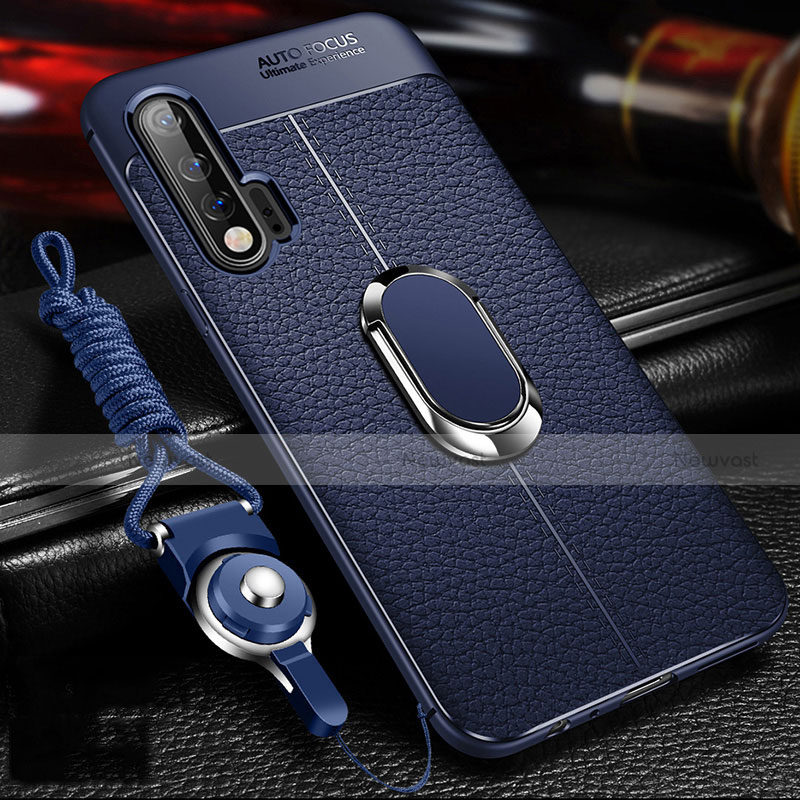 Soft Silicone Gel Leather Snap On Case Cover with Magnetic Finger Ring Stand T03 for Huawei Nova 6 Blue