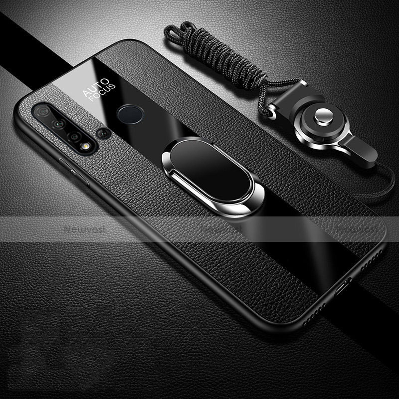 Soft Silicone Gel Leather Snap On Case Cover with Magnetic Finger Ring Stand T03 for Huawei P20 Lite (2019) Black