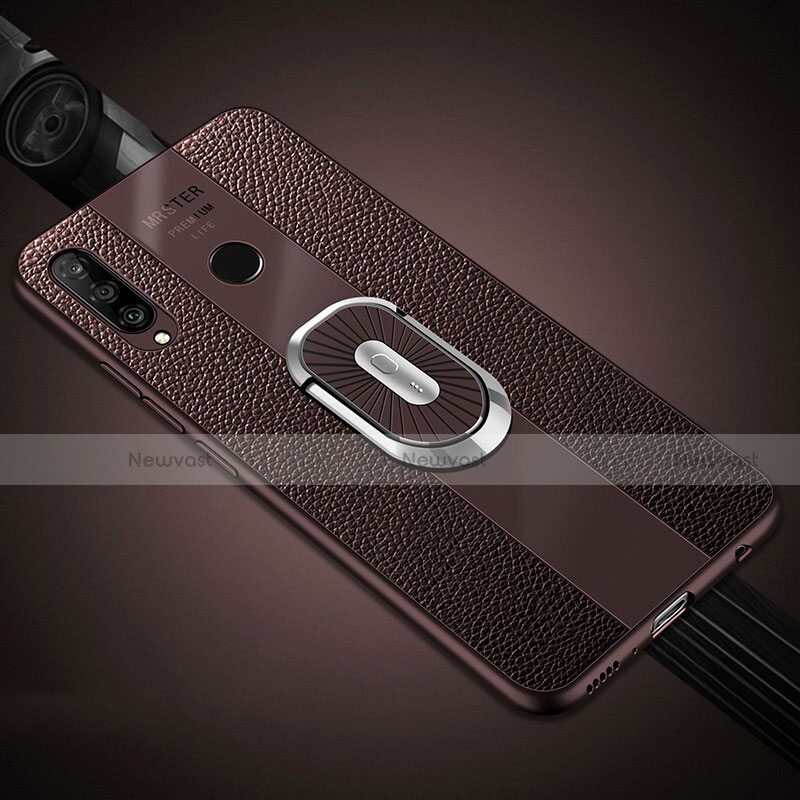 Soft Silicone Gel Leather Snap On Case Cover with Magnetic Finger Ring Stand T03 for Huawei P30 Lite Brown