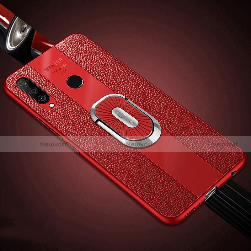 Soft Silicone Gel Leather Snap On Case Cover with Magnetic Finger Ring Stand T03 for Huawei P30 Lite New Edition Red