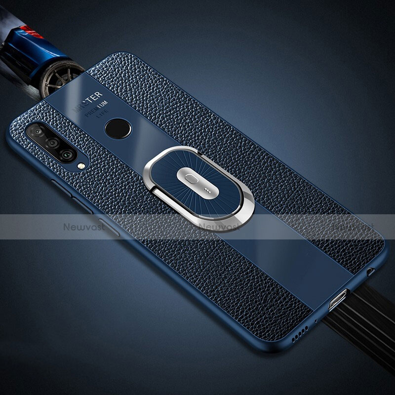 Soft Silicone Gel Leather Snap On Case Cover with Magnetic Finger Ring Stand T03 for Huawei P30 Lite XL Blue