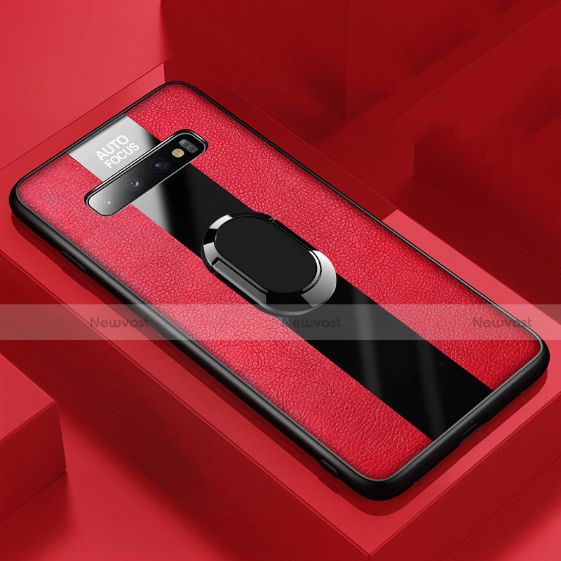 Soft Silicone Gel Leather Snap On Case Cover with Magnetic Finger Ring Stand T03 for Samsung Galaxy S10 5G Red