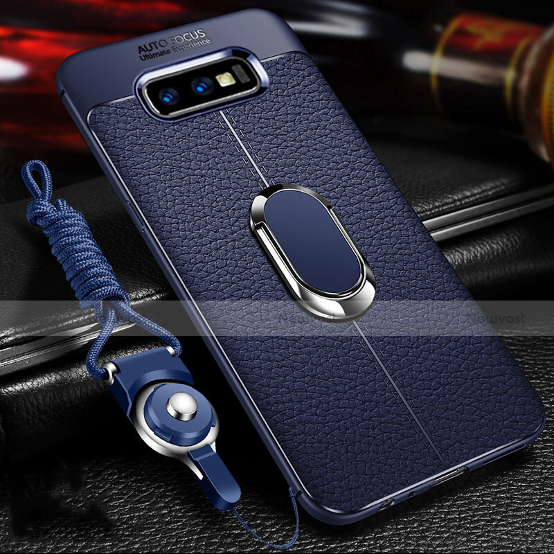 Soft Silicone Gel Leather Snap On Case Cover with Magnetic Finger Ring Stand T03 for Samsung Galaxy S10e Blue