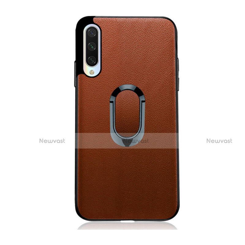 Soft Silicone Gel Leather Snap On Case Cover with Magnetic Finger Ring Stand T03 for Xiaomi Mi A3 Brown