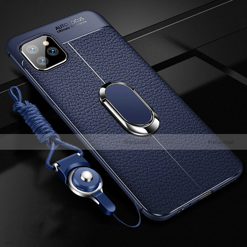 Soft Silicone Gel Leather Snap On Case Cover with Magnetic Finger Ring Stand T04 for Apple iPhone 11 Pro Blue