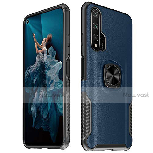 Soft Silicone Gel Leather Snap On Case Cover with Magnetic Finger Ring Stand T04 for Huawei Honor 20 Pro Blue