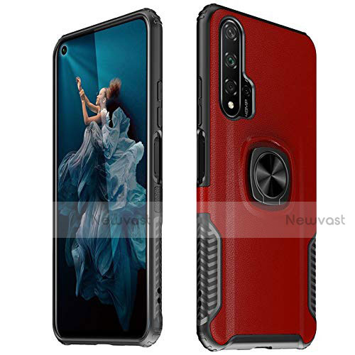 Soft Silicone Gel Leather Snap On Case Cover with Magnetic Finger Ring Stand T04 for Huawei Honor 20 Pro Red