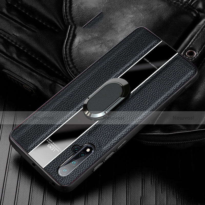 Soft Silicone Gel Leather Snap On Case Cover with Magnetic Finger Ring Stand T04 for Huawei Nova 5 Black