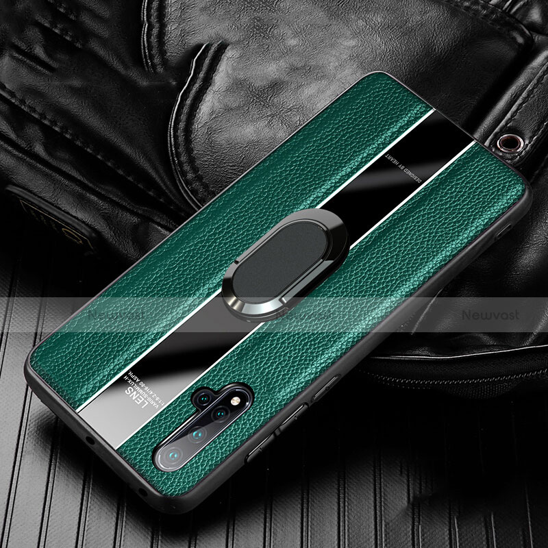 Soft Silicone Gel Leather Snap On Case Cover with Magnetic Finger Ring Stand T04 for Huawei Nova 5 Green