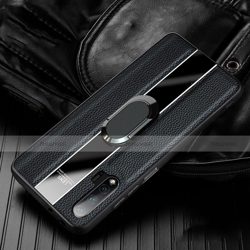 Soft Silicone Gel Leather Snap On Case Cover with Magnetic Finger Ring Stand T04 for Huawei Nova 6 Black