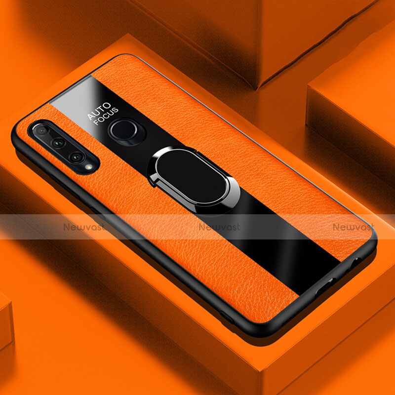 Soft Silicone Gel Leather Snap On Case Cover with Magnetic Finger Ring Stand T04 for Huawei P Smart+ Plus (2019) Orange