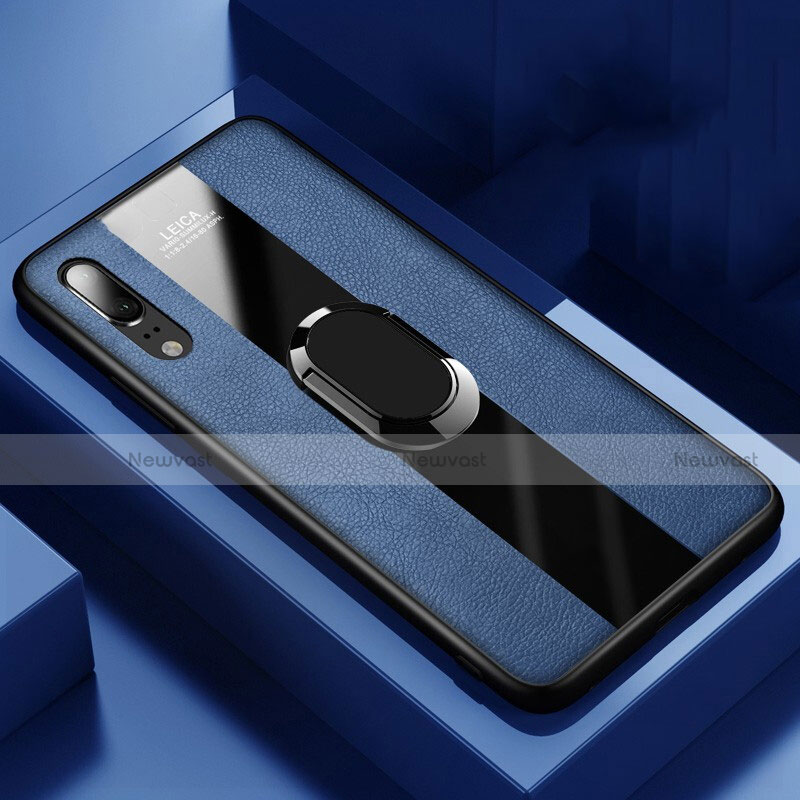 Soft Silicone Gel Leather Snap On Case Cover with Magnetic Finger Ring Stand T04 for Huawei P20 Blue