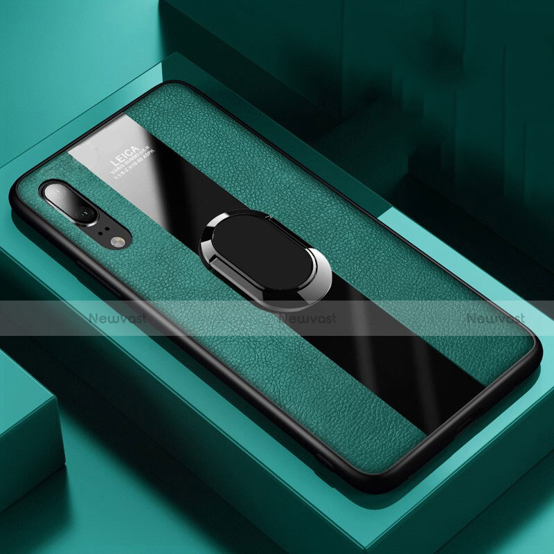 Soft Silicone Gel Leather Snap On Case Cover with Magnetic Finger Ring Stand T04 for Huawei P20 Green