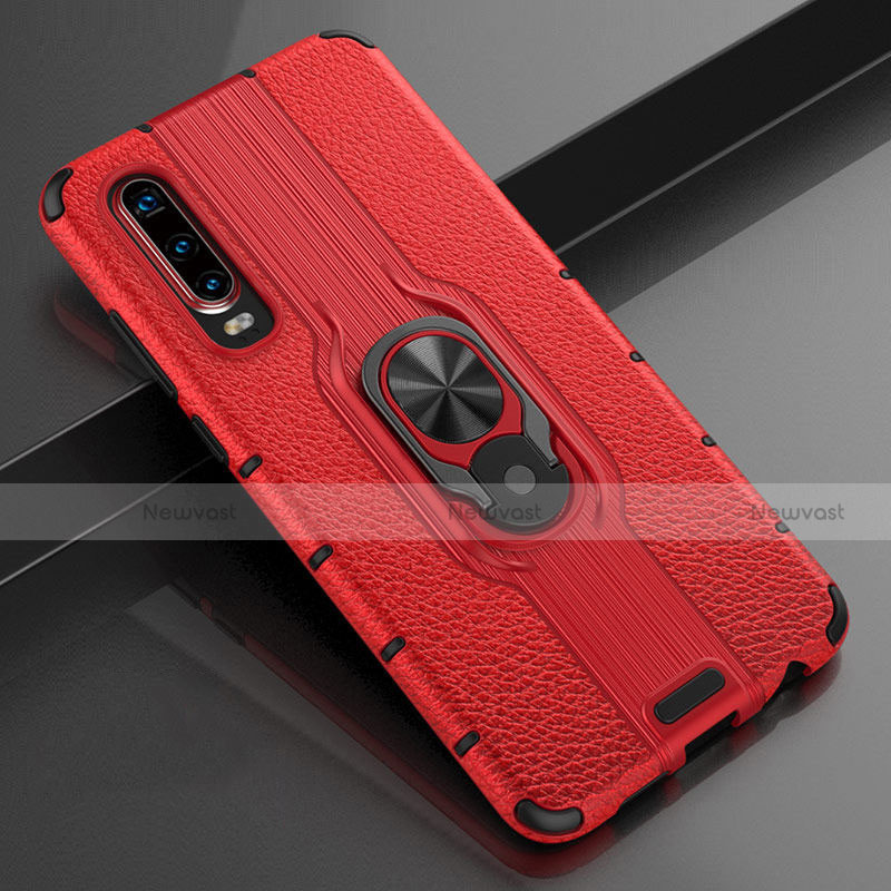 Soft Silicone Gel Leather Snap On Case Cover with Magnetic Finger Ring Stand T04 for Huawei P30 Red