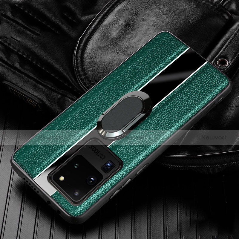 Soft Silicone Gel Leather Snap On Case Cover with Magnetic Finger Ring Stand T04 for Samsung Galaxy S20 Ultra
