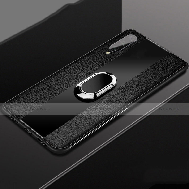 Soft Silicone Gel Leather Snap On Case Cover with Magnetic Finger Ring Stand T04 for Xiaomi Mi A3 Black