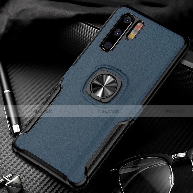 Soft Silicone Gel Leather Snap On Case Cover with Magnetic Finger Ring Stand T05 for Huawei P30 Pro Blue