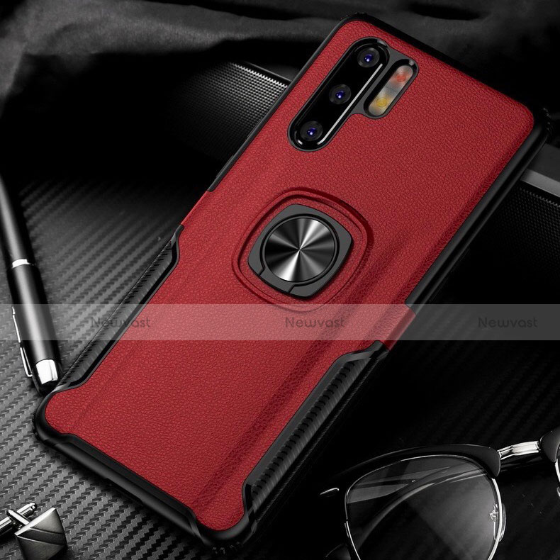 Soft Silicone Gel Leather Snap On Case Cover with Magnetic Finger Ring Stand T05 for Huawei P30 Pro Red