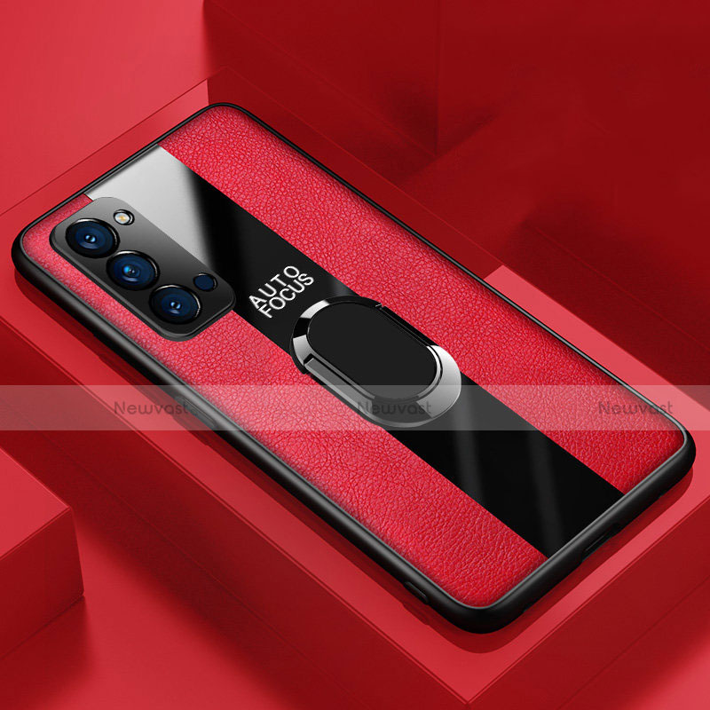 Soft Silicone Gel Leather Snap On Case Cover with Magnetic Finger Ring Stand T05 for Oppo Reno4 Pro 5G Red