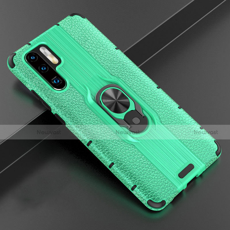 Soft Silicone Gel Leather Snap On Case Cover with Magnetic Finger Ring Stand T06 for Huawei P30 Pro Green