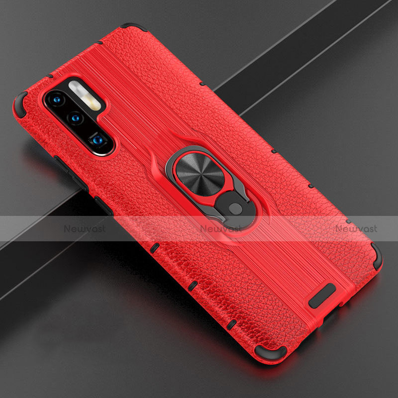 Soft Silicone Gel Leather Snap On Case Cover with Magnetic Finger Ring Stand T06 for Huawei P30 Pro New Edition Red