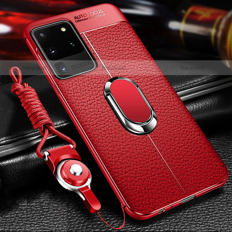 Soft Silicone Gel Leather Snap On Case Cover with Magnetic Finger Ring Stand WL1 for Samsung Galaxy S20 Ultra Red